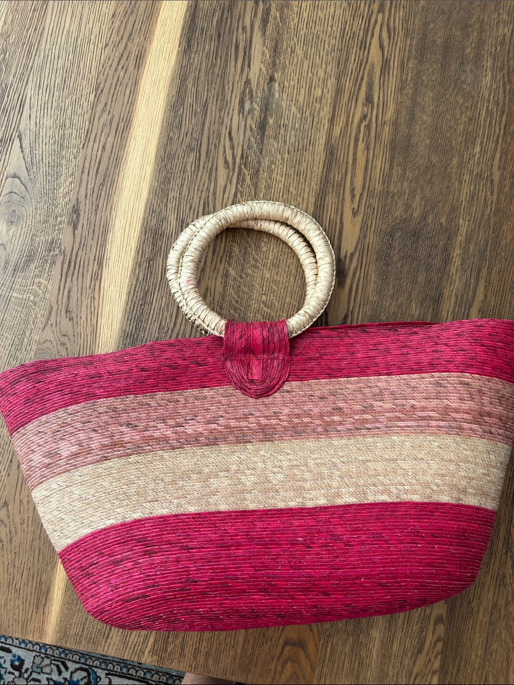 Striped Pink Woven Tote Bag with Round Handles